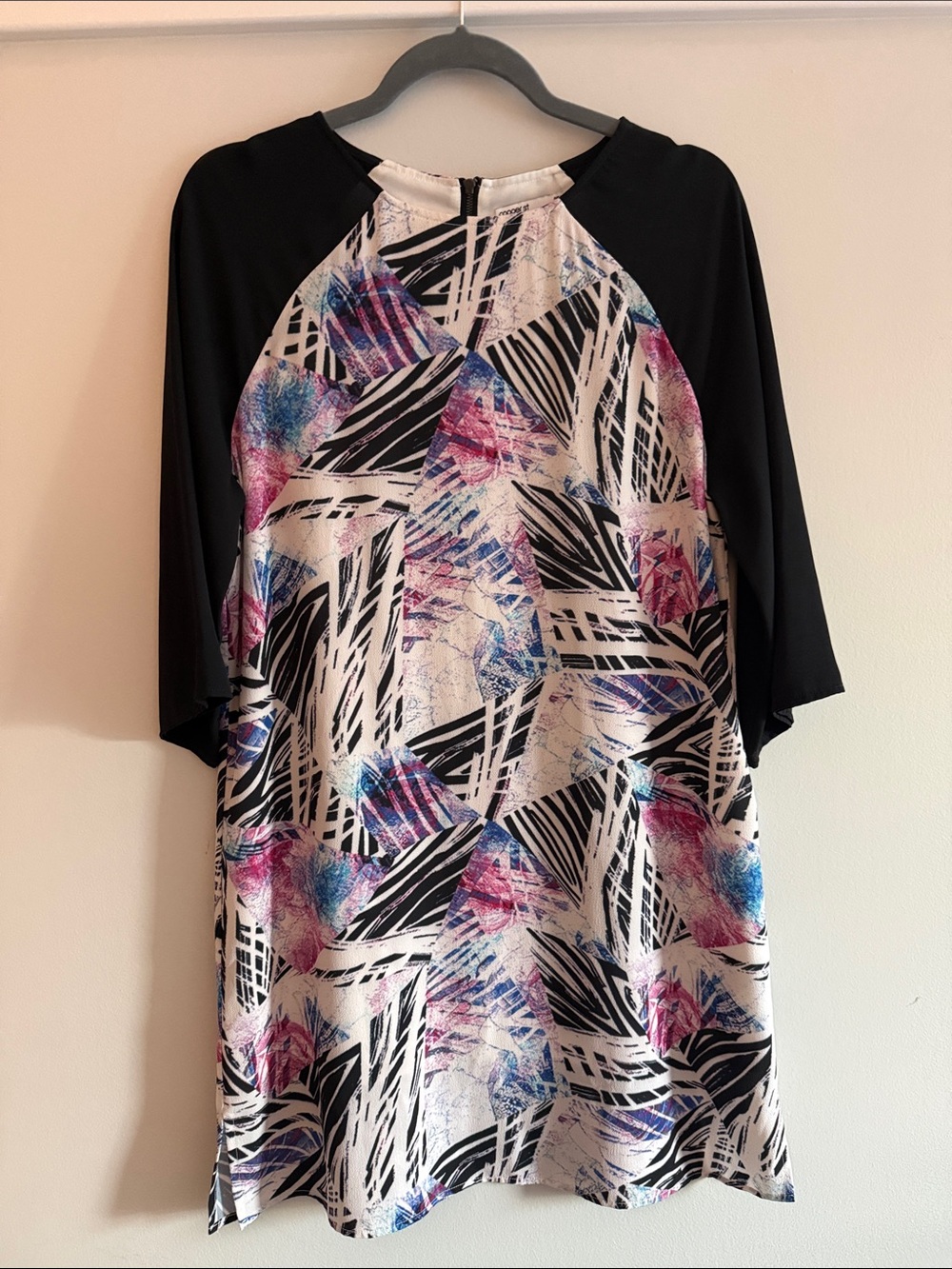 Women's Midi Dress with Abstract Black-Sleeve Print in Black and Multi